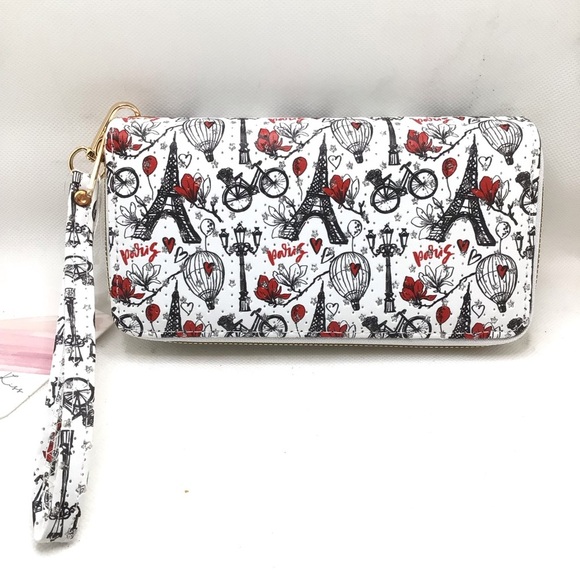 Blush Kiss Glitter Paris Eiffel Tower Floral Air Balloon Print Wristlet Wallet - Picture 1 of 9